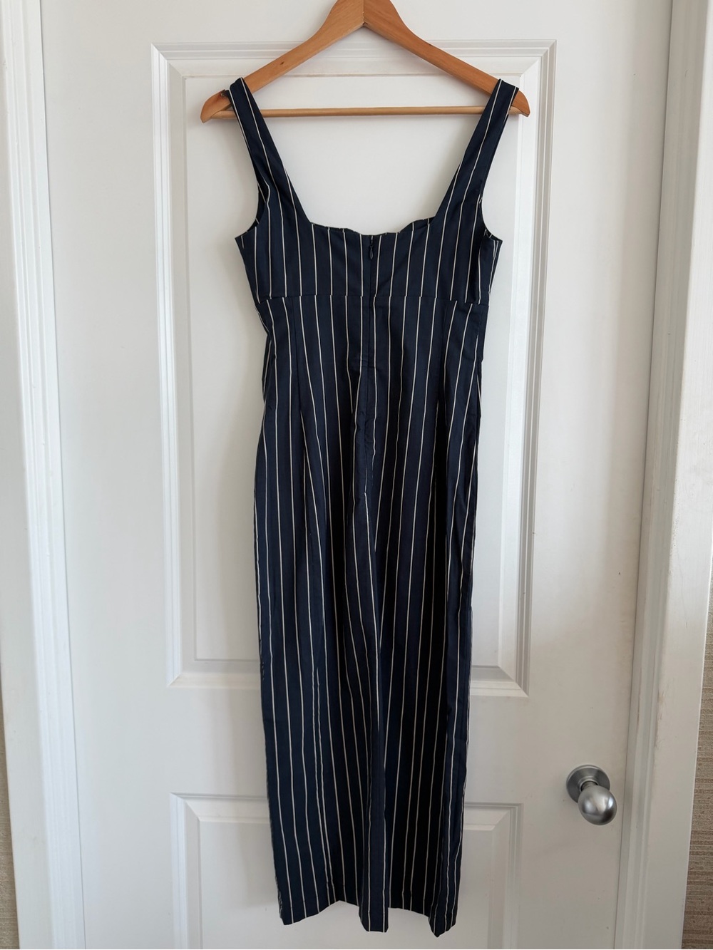 Anthropologie Navy Pinstripe Square Neckline Midi Dress with Side Slit. NWT. XS. - Picture 9 of 10